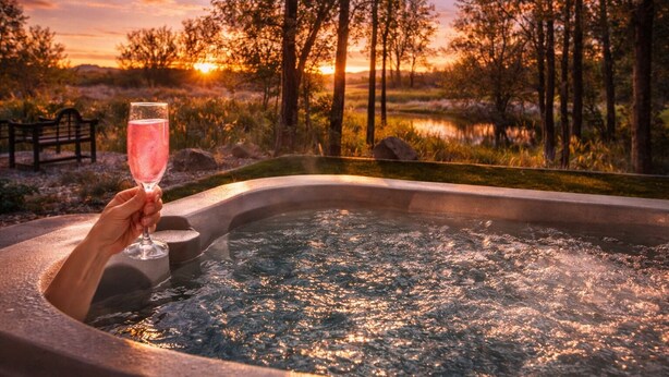 Uma banheira de hidromassagem com vista para o pôr do sol, cercada por árvores e um banco.