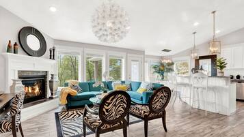 Smart TV, fireplace, books