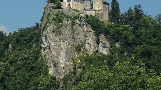 Eine Burg thront auf einem steilen Felsen, umgeben von dichtem Grün.