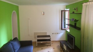 Un salon avec un mur vert, un canapé, un meuble pour la télévision et une fenêtre avec un rideau.