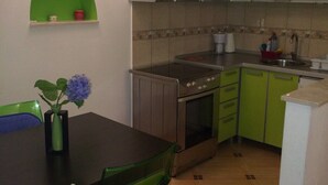 Une cuisine de taille réduite avec des meubles de couleur verte, une cuisinière et un évier.