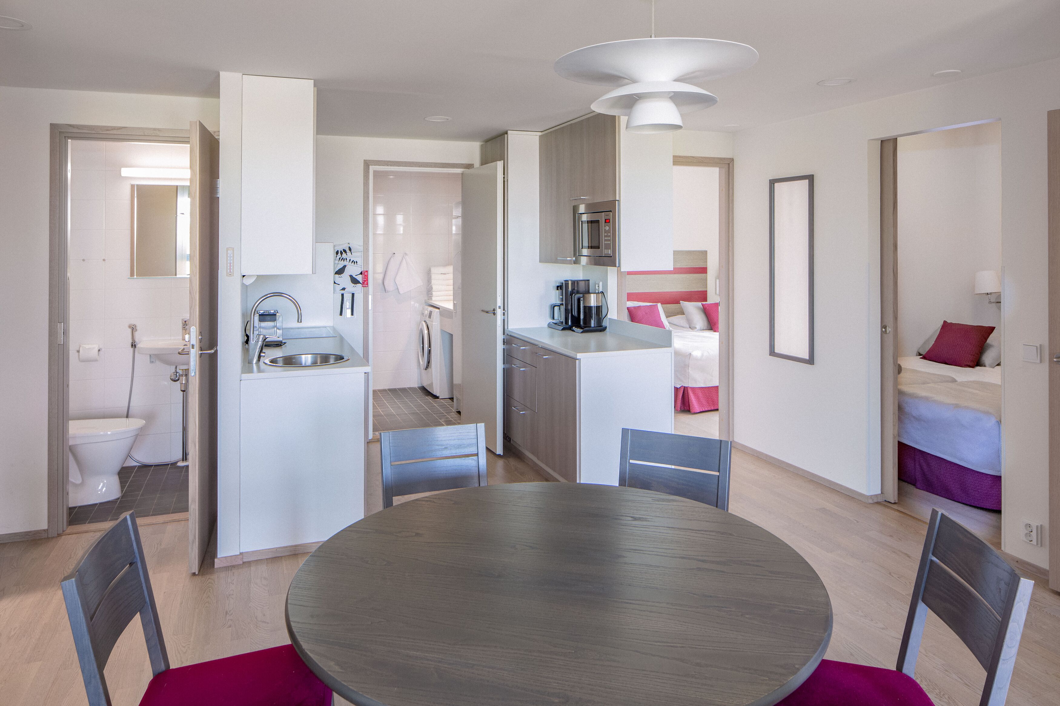 A modern, open-plan living space with a kitchen, dining area, and a separate sleeping area.