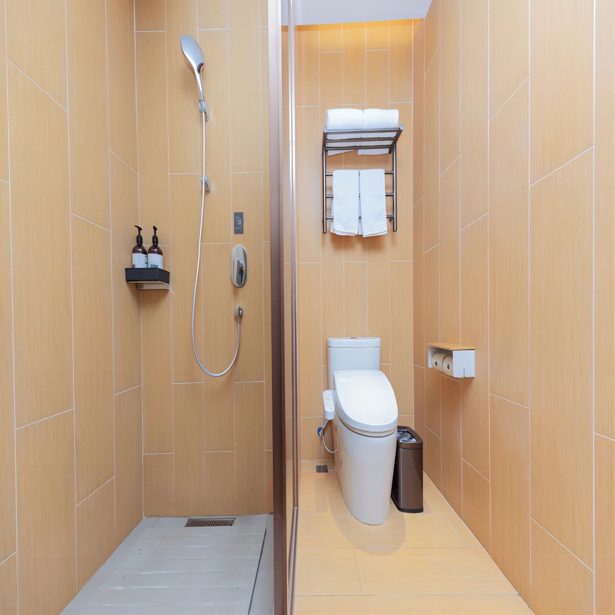 Une salle de bain compacte comprenant une douche, des toilettes et un porte-serviettes.