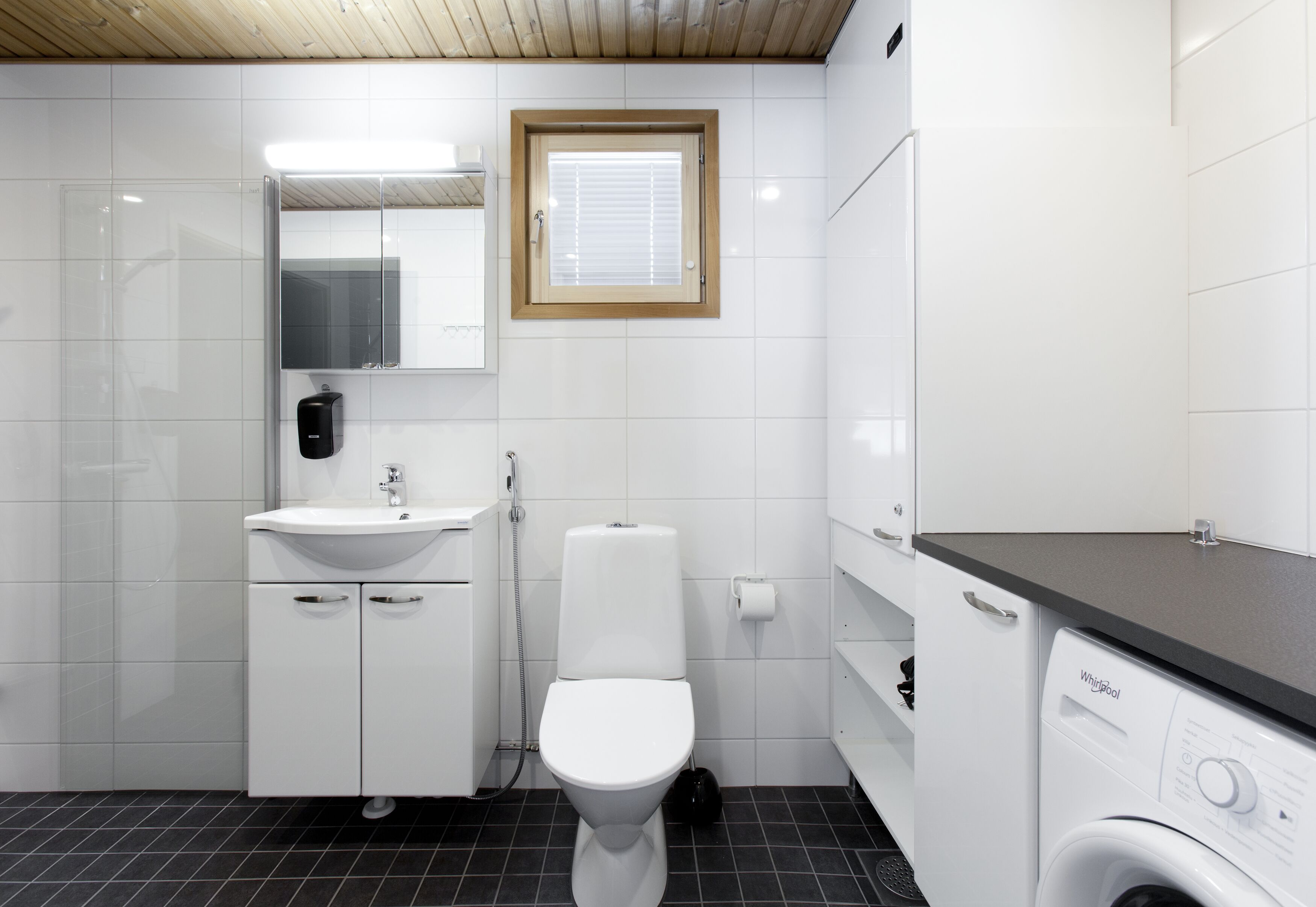 A modern bathroom with a toilet, sink, and a washing machine.