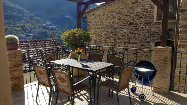 Eine Terrasse mit Tisch und Stühlen, einem Blumentopf und Blick ins Grüne.