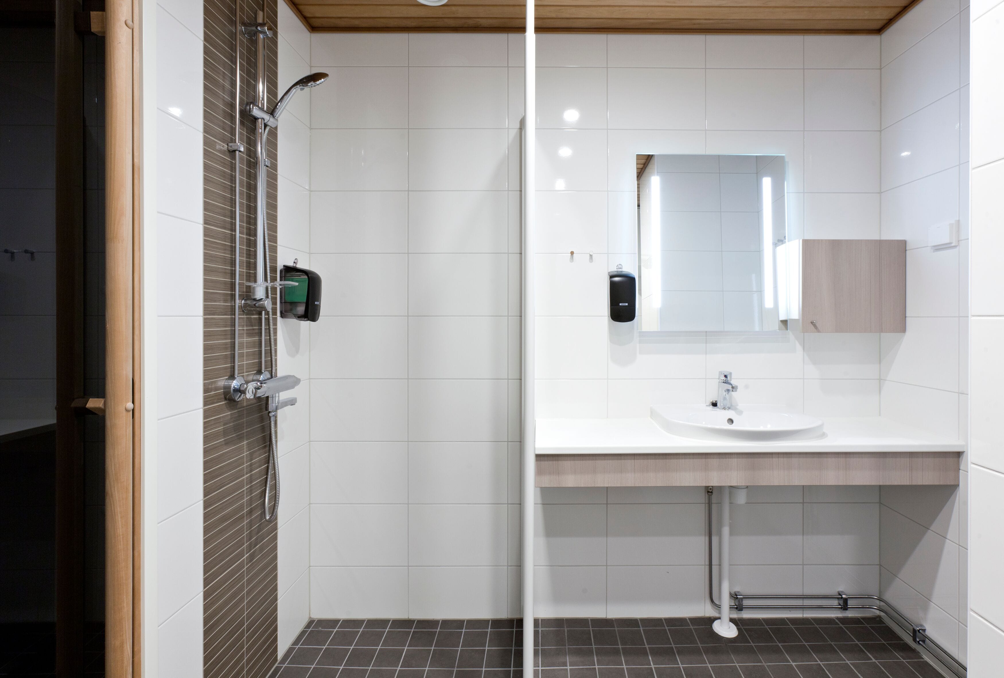 A modern bathroom with a shower, sink, and mirror.