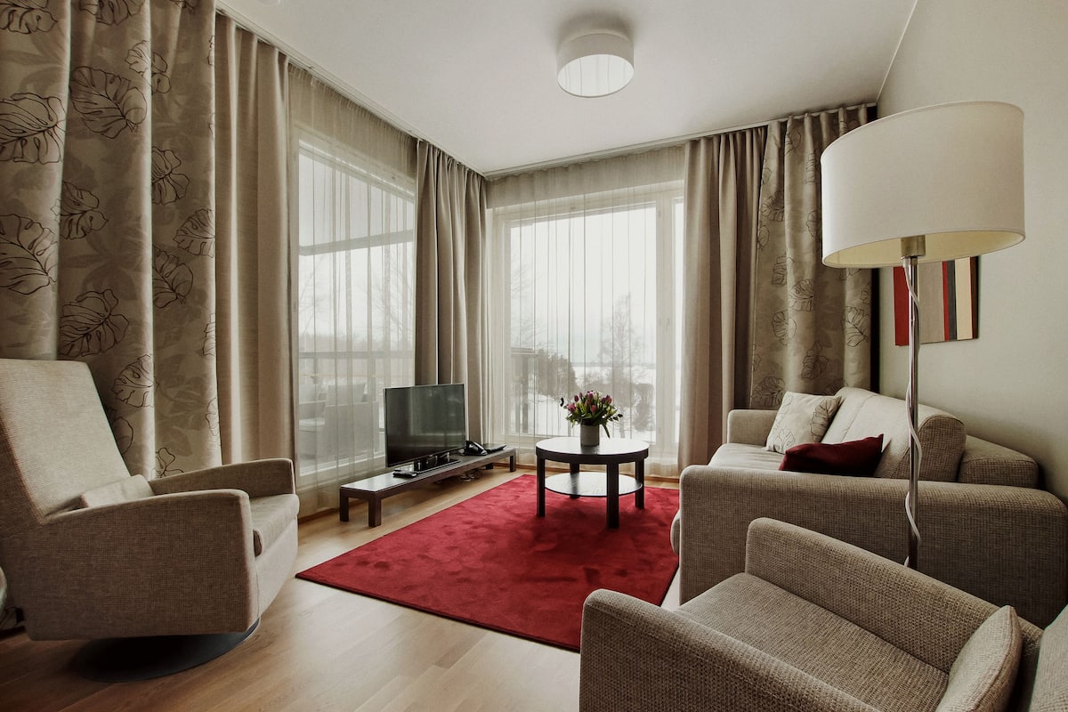 A modern living room with a flat-screen TV, two sofas, a coffee table, and a red rug.