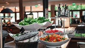 Un buffet proposant divers plats, notamment des salades et un choix de boissons.