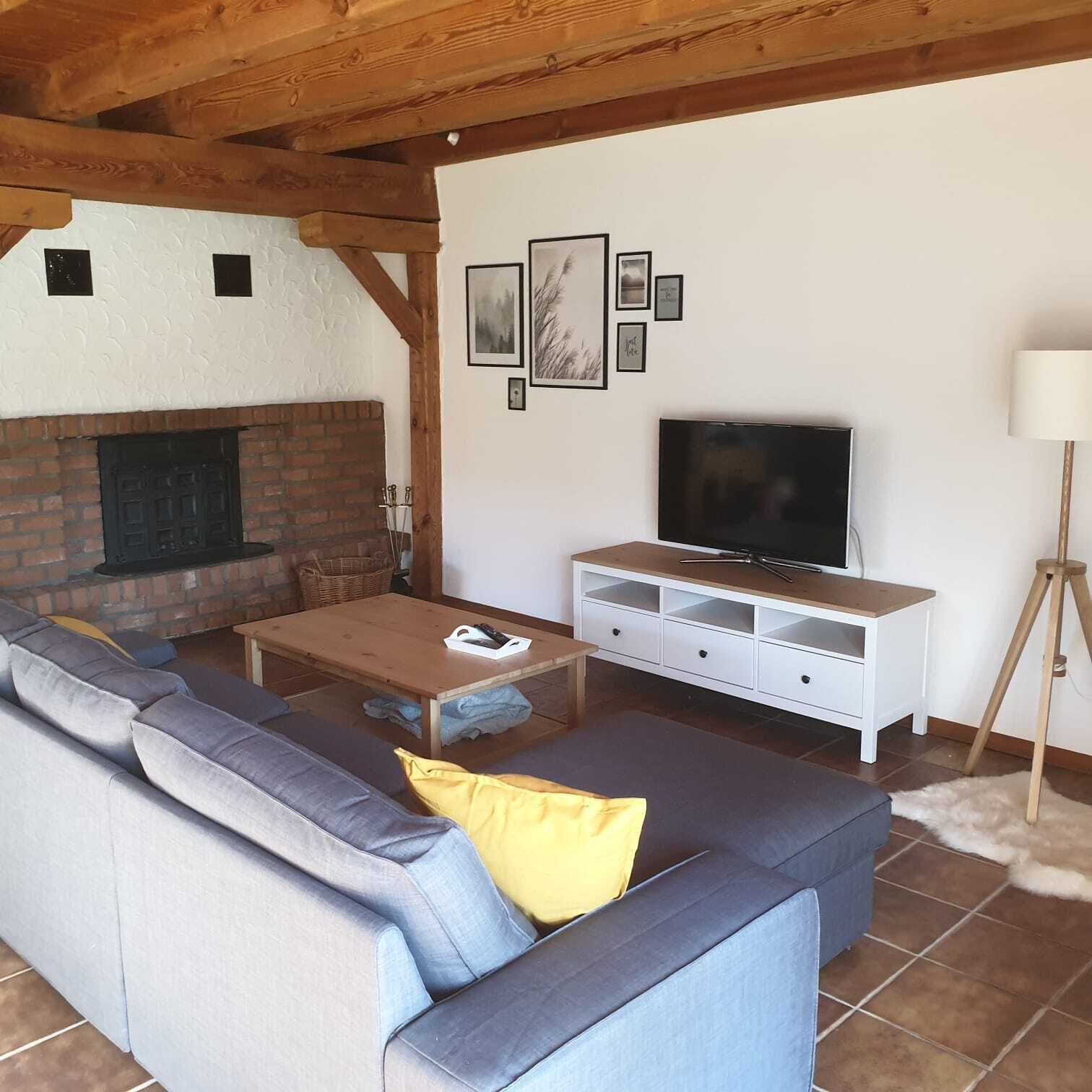 TV connectée, cheminée, livres