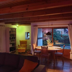 Een smart-tv, een open haard en boeken