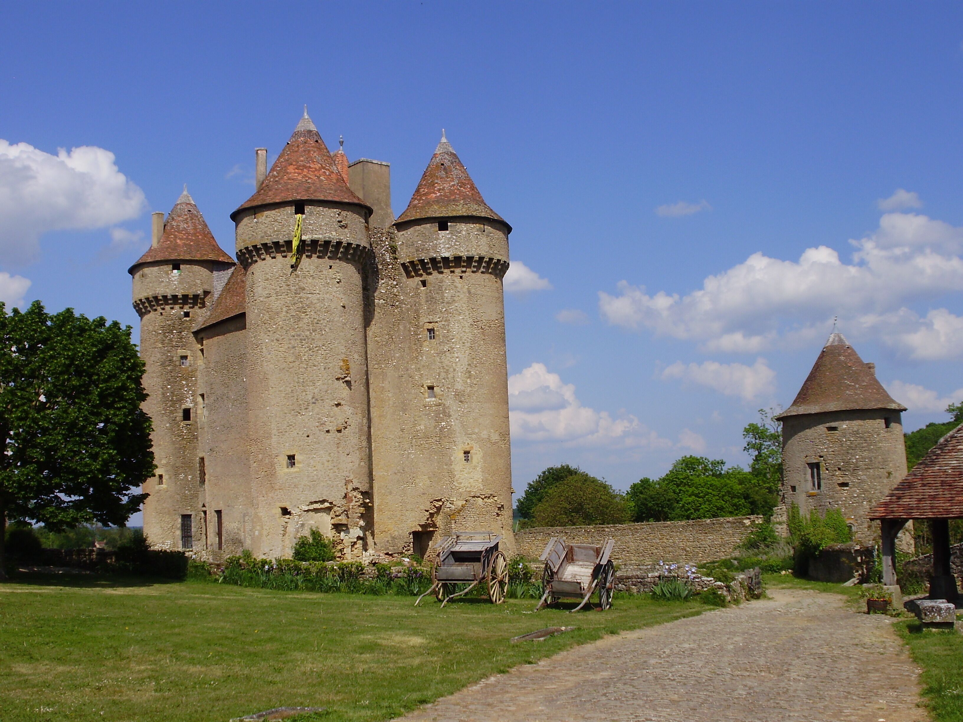 A historic castle with multiple towers and a cobblestone pathway leading to a carriage.