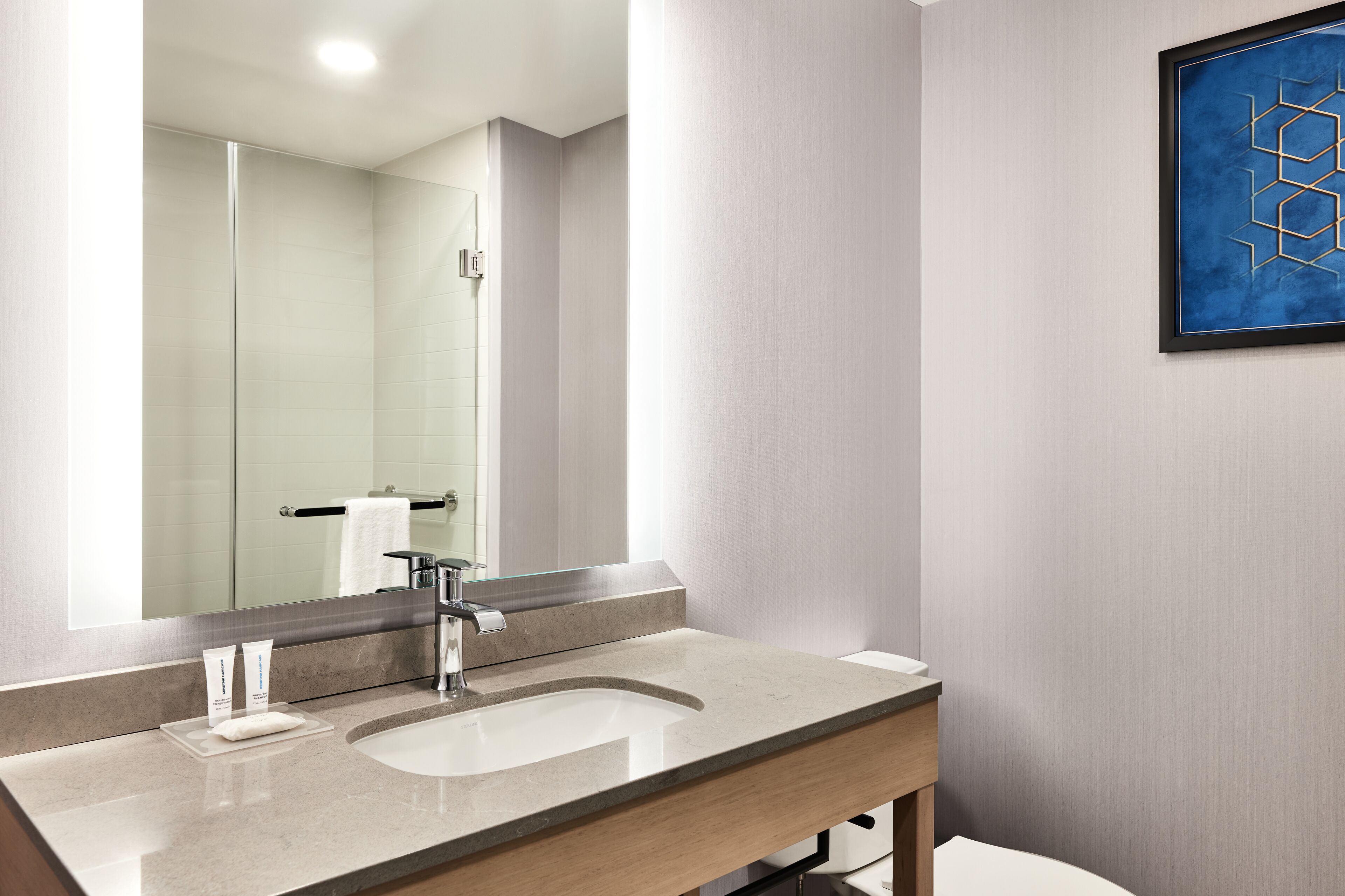 free toiletries, hair dryer, towels