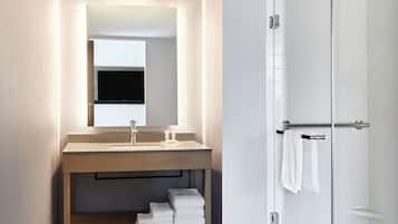 Une salle de bain moderne avec un meuble-lavabo en bois, un grand miroir et une cabine de douche en verre.
