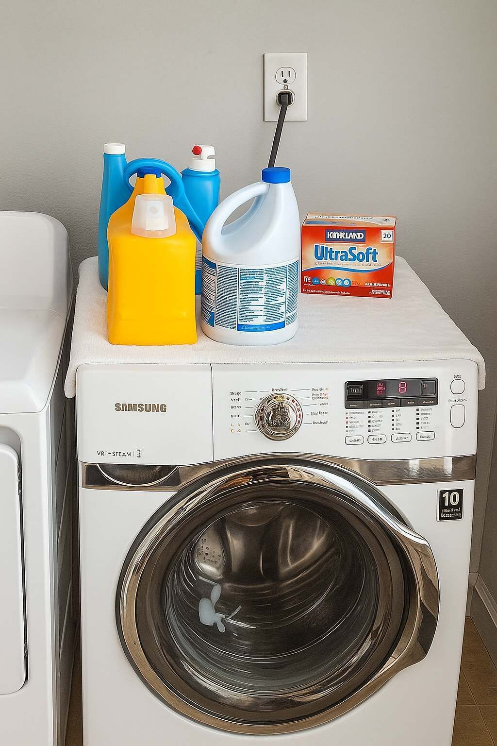 A front-loading Samsung washer with a control panel, a 20-pack of Kinkland UltraSoft detergent, a yellow bottle of liquid detergent, and a blue spray bottle.