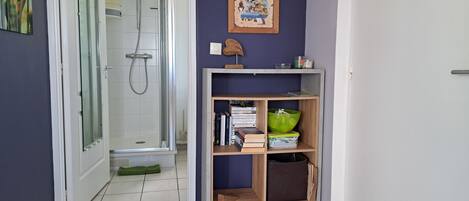 Ein Badezimmer mit Duschabtrennung aus Glas, einer weißen Toilette und einem Holzboden mit Büchern und Behältern.