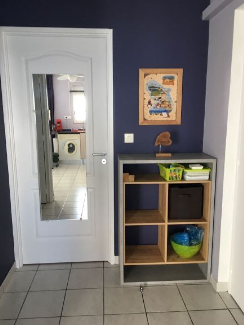 A hallway with a white door leading to a laundry area, a shelf with storage bins, and a framed picture on the wall.