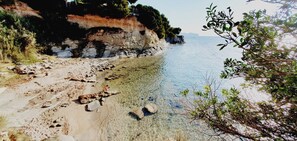 On the beach, sun loungers, beach towels