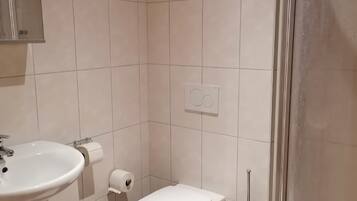 A small bathroom with a sink, toilet, and shower.