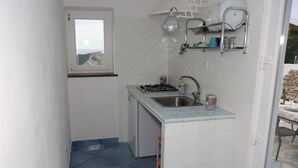 Een kleine keuken met een gasfornuis, wastafel en een raam met uitzicht op een prachtig landschap.