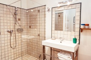 Shower, hair dryer, bidet, towels