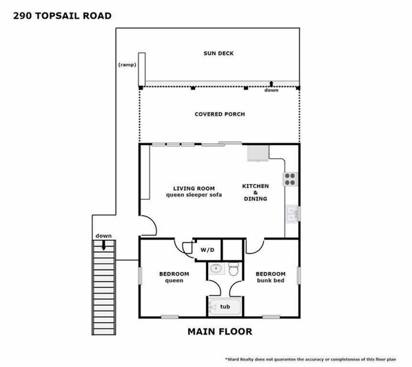 A floor plan of a property at 290 Topsail Road, including a sun deck, covered porch, living room with a queen sleeper sofa, kitchen and dining area, two bedrooms (one with a queen bed and the other with a bunk bed), and a bathroom with a tub. - Blue Tortoise - Awesome Oceanfront Deck!  Dog Friendly! (North Topsail Beach)