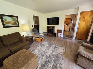 TV, fireplace, DVD player, foosball