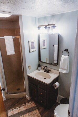 Duschwanne, Handtücher, Seife, Toilettenpapier