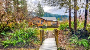 A wooden cabin with a deck leading to a house, surrounded by dense forest and ferns.