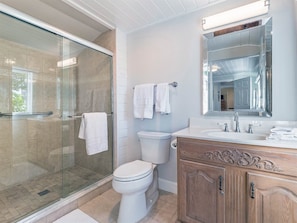 A modern bathroom with a glass shower enclosure, a toilet, a sink with a vanity, and a large mirror. - Captiva Charm (Captiva)