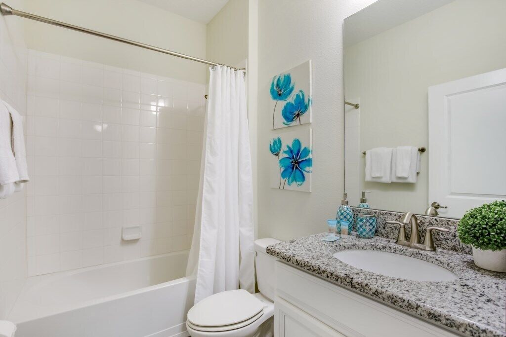 Une salle de bain équipée d’une douche, de toilettes, d’un lavabo et d’un miroir.