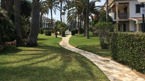Un chemin bordé de palmiers menant à un bâtiment doté d’un balcon.