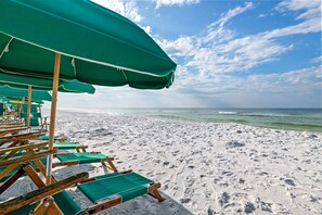 On the beach, sun-loungers, beach towels
