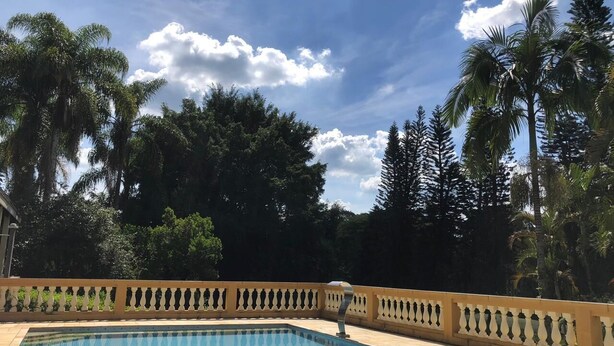 A swimming pool with a decorative fence, surrounded by palm trees and other greenery under a clear sky. - Incredible country house in Salesopolis (Salesópolis)