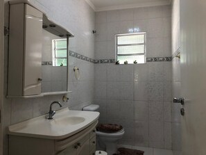 A bathroom with a sink, mirror, toilet, and shower.