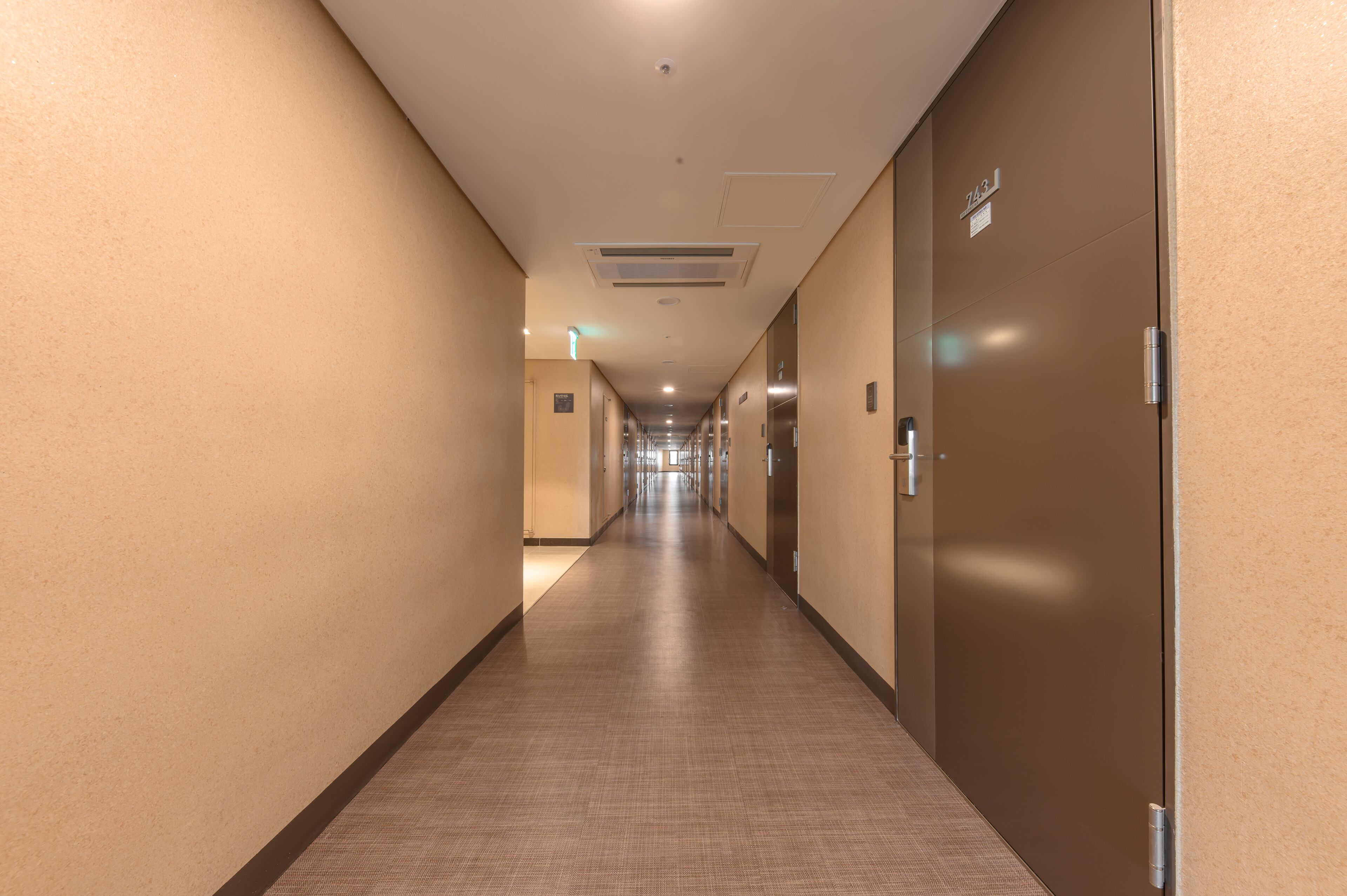 Ein langer, schmaler Hotelgang mit Türen an einer Seite und Teppichboden.