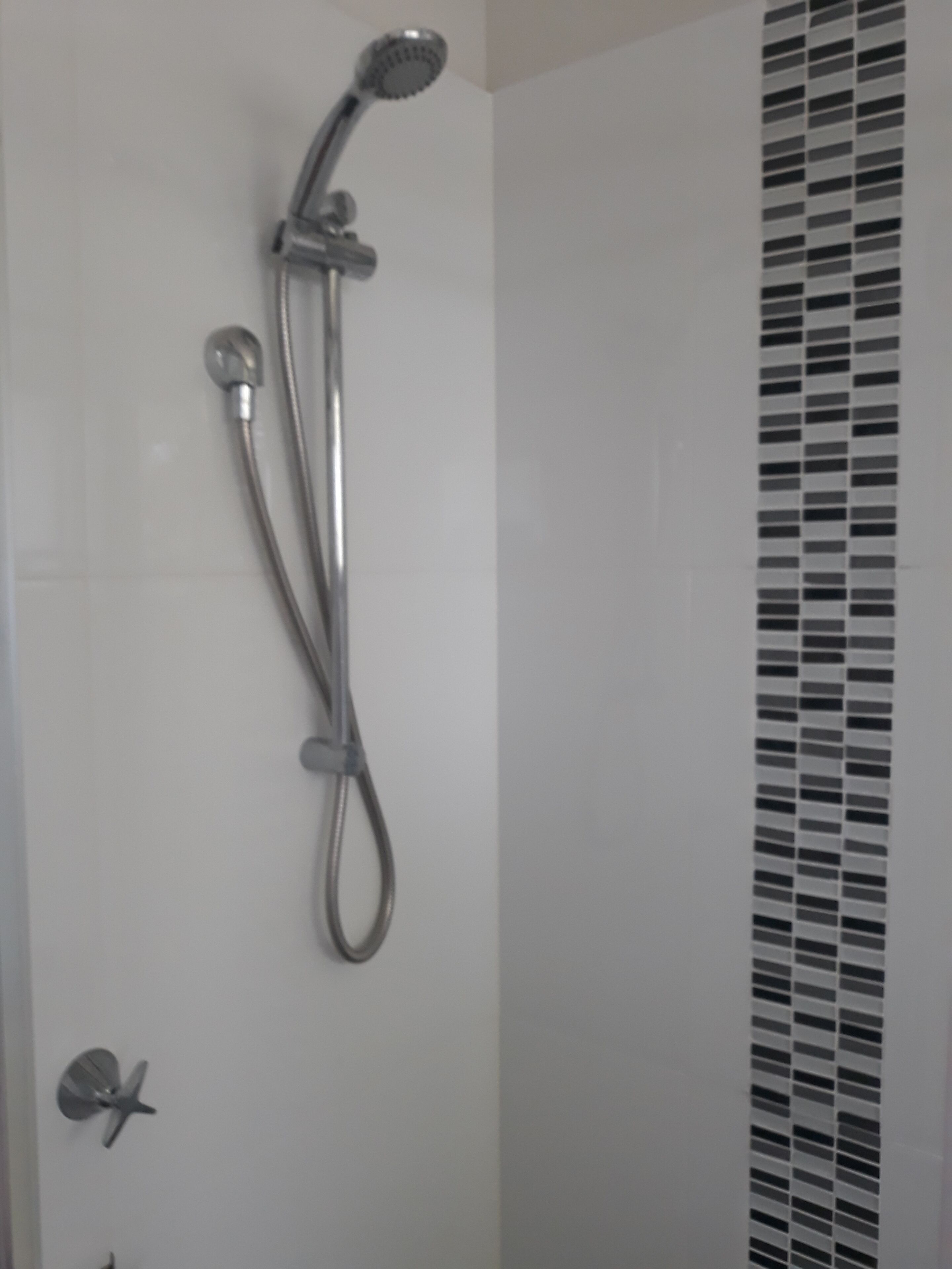 A shower with a handheld showerhead and a wall-mounted faucet.