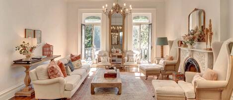 Télévision, cheminée, lecteur de DVD, livres