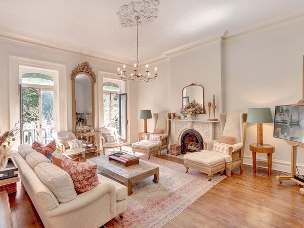 Televisie, een open haard, een dvd-speler en boeken