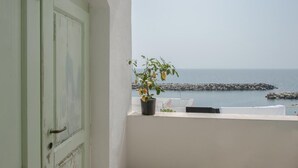 Un balcón con una planta en maceta, vista al mar y una puerta blanca.