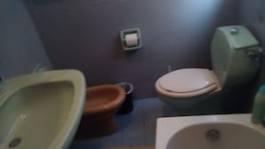 Um banheiro com vaso sanitário, bidê e banheira.