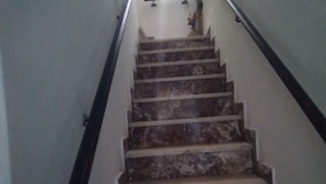 Uma escadaria com degraus de mármore e corrimão.