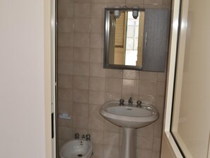 A bathroom with a pedestal sink, a mirror, and a bidet.