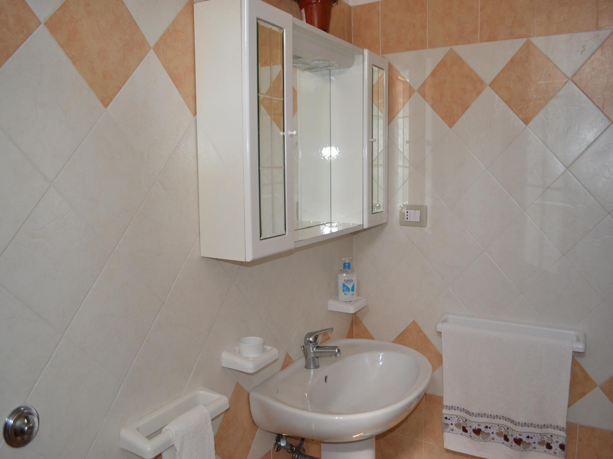 Une salle de bain avec un lavabo blanc, un miroir et un meuble de rangement, ainsi qu’un porte-serviettes.