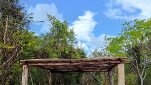 A simple wooden structure with a bench, surrounded by trees and vegetation. - Room-mida Creek Eco Camp 1 (Watamu)