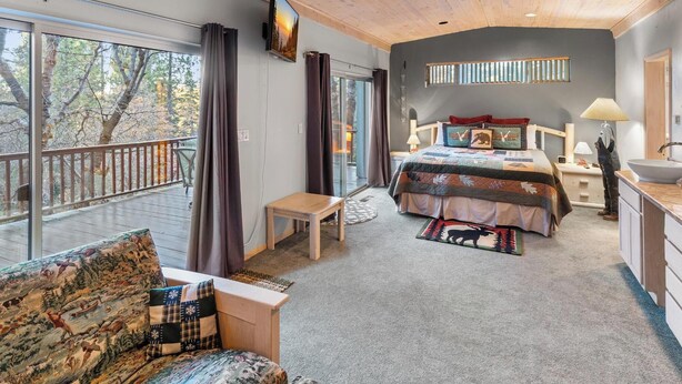 Ein Schlafzimmer mit einem großen Bett, einem Schreibtisch, einem Stuhl, einem Fernseher und einem Balkon mit Blick auf Bäume.