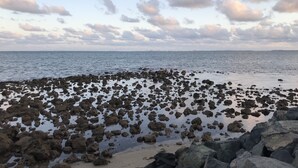 A rocky shoreline with a calm sea and a partly cloudy sky. - Woody Point Coastal Cottage (Woody Point)