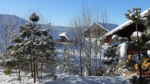 Schneebedeckte Landschaft mit einer Holzhütte und Bäumen.