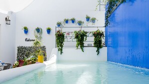 An indoor swimming pool with a blue wall, potted plants, and a white wall with a sign. - EL COLIBRÍ RURAL HOUSE  (Sanlúcar de Guadiana)
