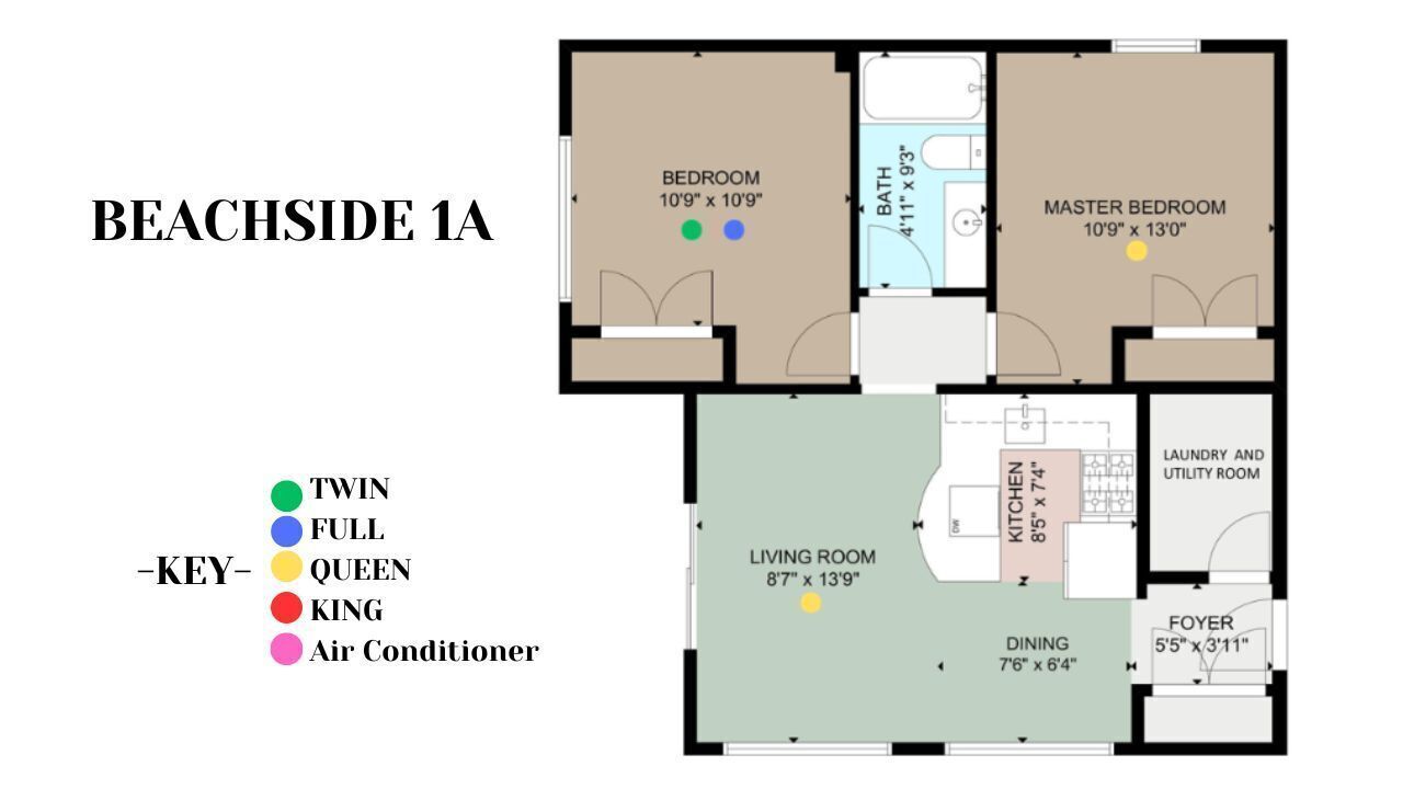A floor plan of a beachfront apartment with a master bedroom, twin bedrooms, a living room, dining area, kitchen, laundry room, and a balcony.