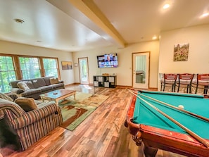 Smart TV, fireplace, books
